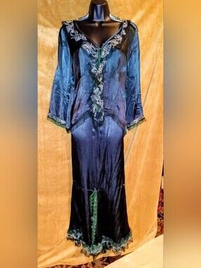 Nataya Silk-Feel Dark Green Lace Trim Women's Delicate Top & Maxi Skirt Set Sz M
